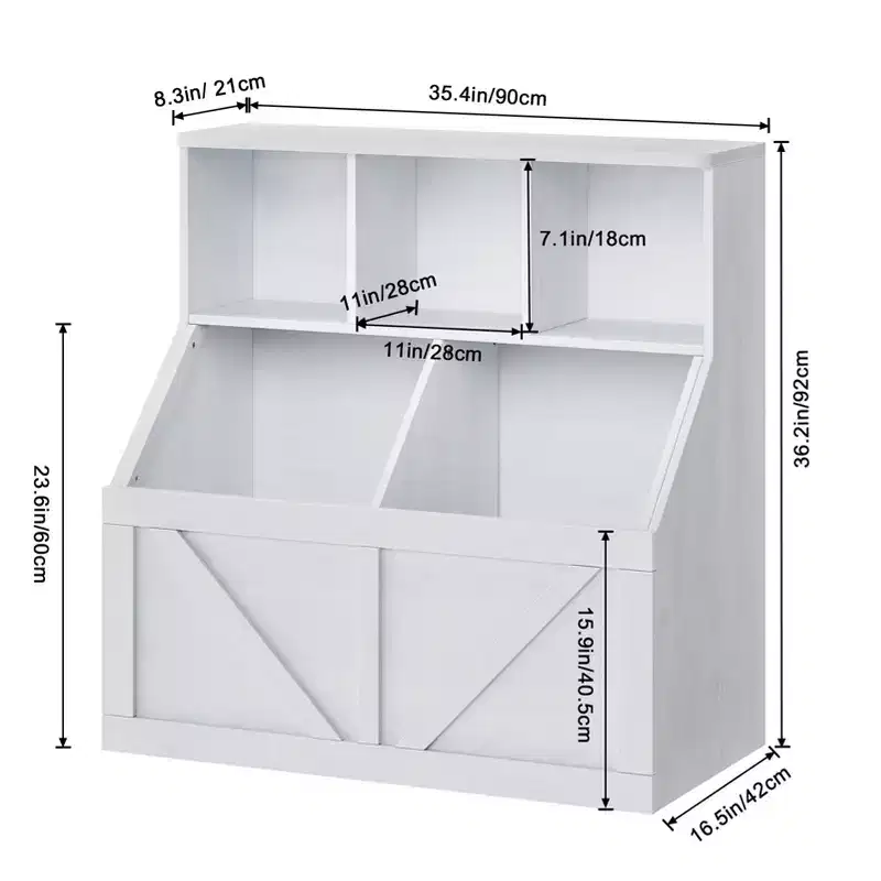 Compact Wooden Kids Bookshelf and Toy Organizer  35-Inch, 3 Open Shelves, 2 Storage Bins  2-Tier Bookcase