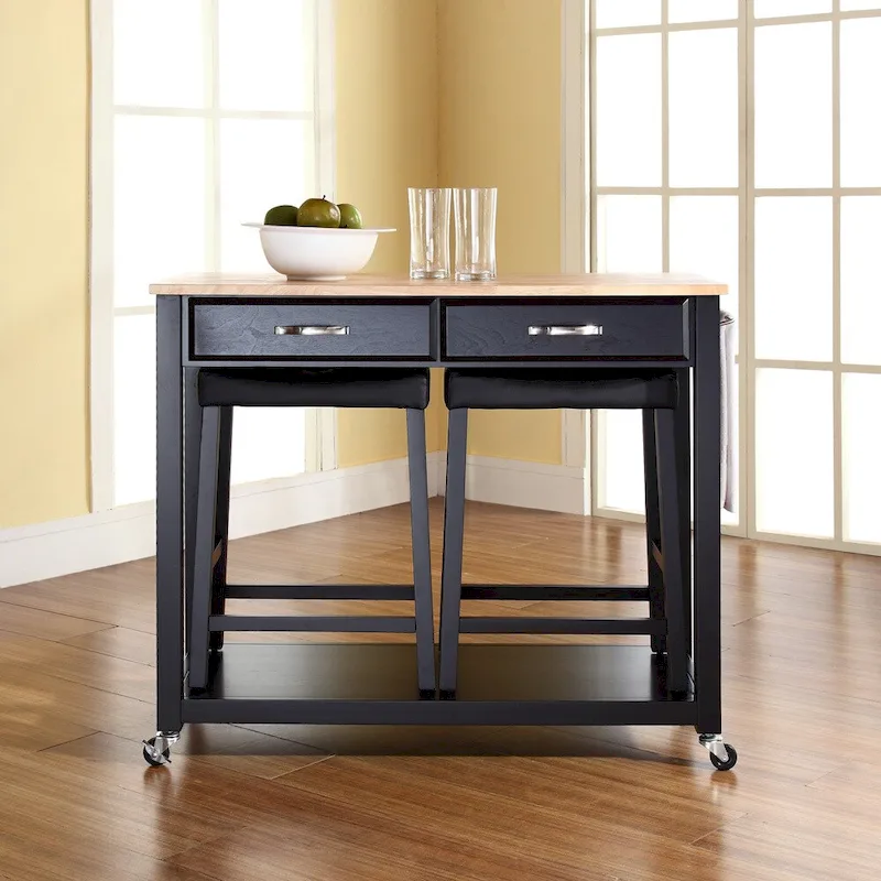 Crosley Black Natural Wood Top Kitchen Cart and Island with Black 24-inch Upholstered Saddle Stools - 17d x 43w x 35h