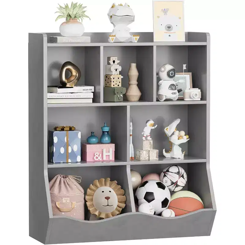 COZONY Set of 2 Kids Bookshelf and Toy Storage Unit, 3-Tier Wooden Freestanding Bookcase with 7 Compartments for Bedroom, Playroom, Nursery