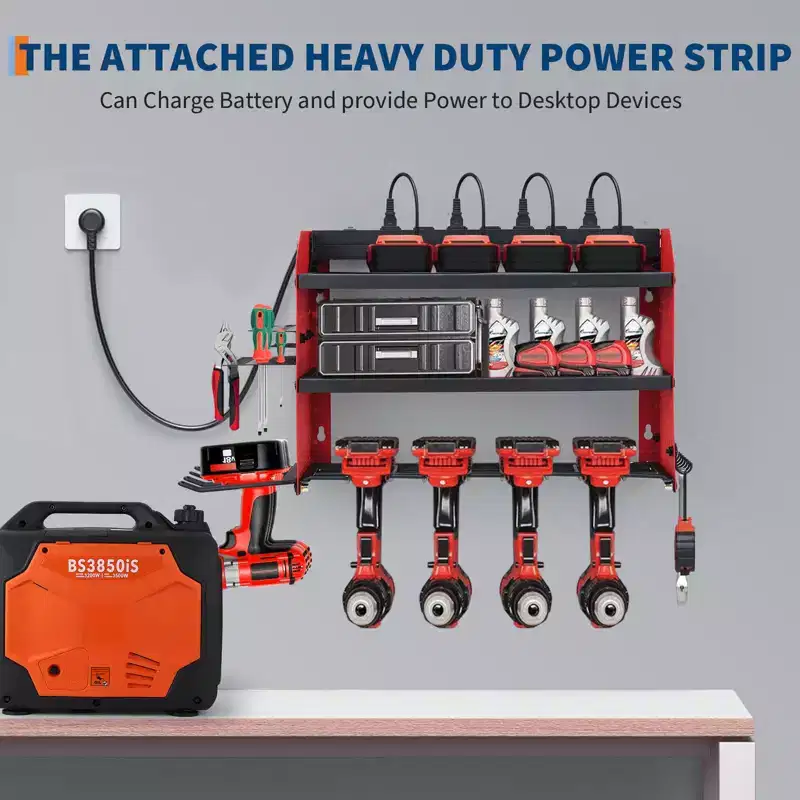 Power Tool Organizer,Drill Holder Wall Mount with Charging Station,Heavy Duty 3/4-Layer Power Pool Storage ,4 Drill Shelf with Hooks
