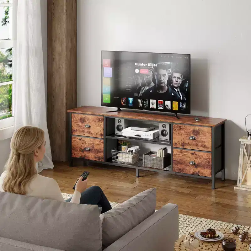 63 Inch Brown TV Stand Dresser for TVs up to 70 Inch Media Console Entertainment Center 4 Drawers Open Shelves Bedroom Living Room Storage