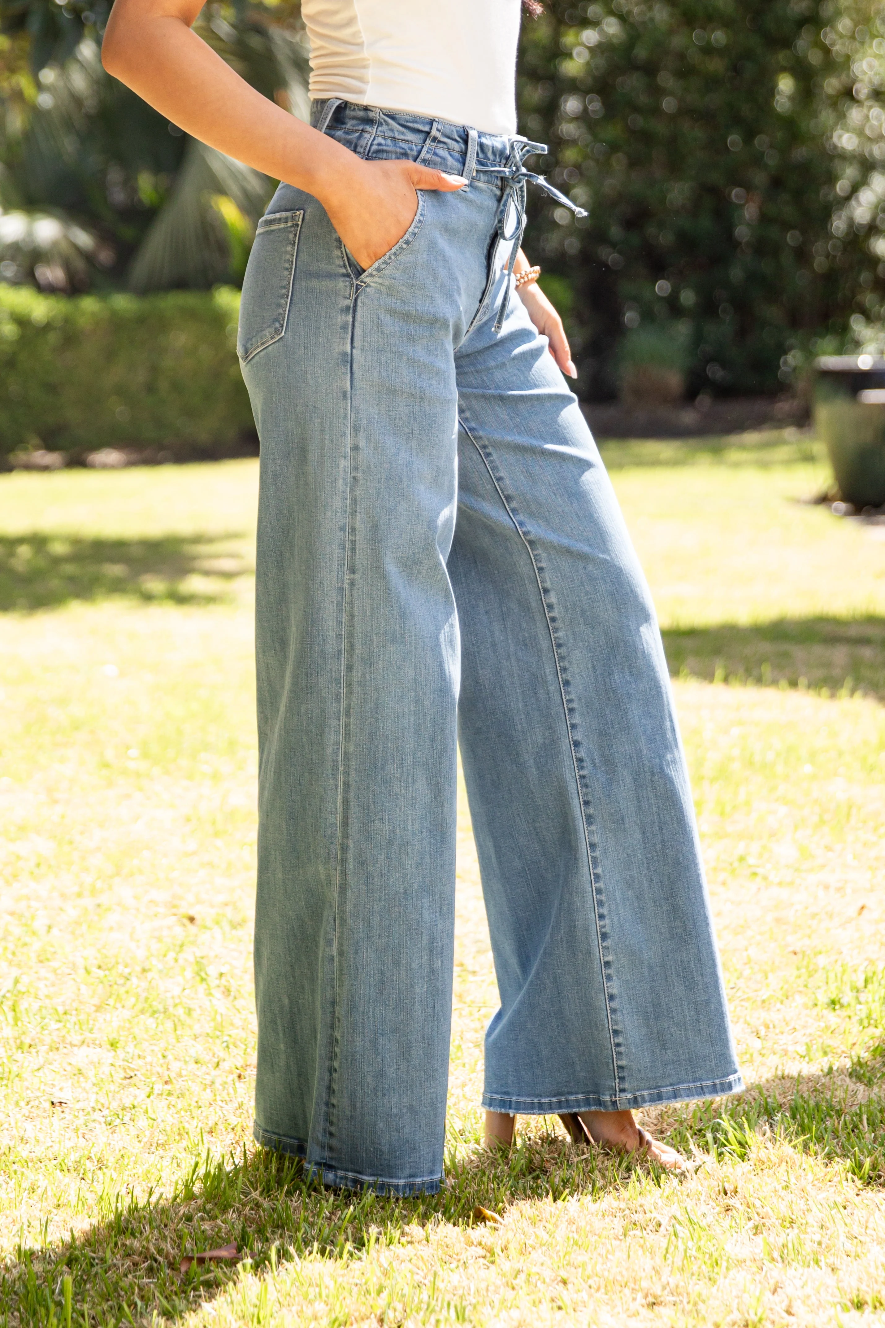 Light Wash High Waist Tie Waist Wide Leg Jeans
