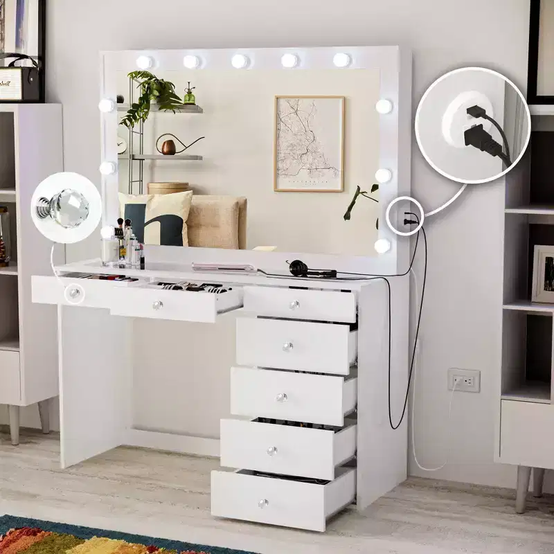 Boahaus Tatiana Lighted Makeup Vanity with 7 Drawers Powers Outlets and UBP Ports