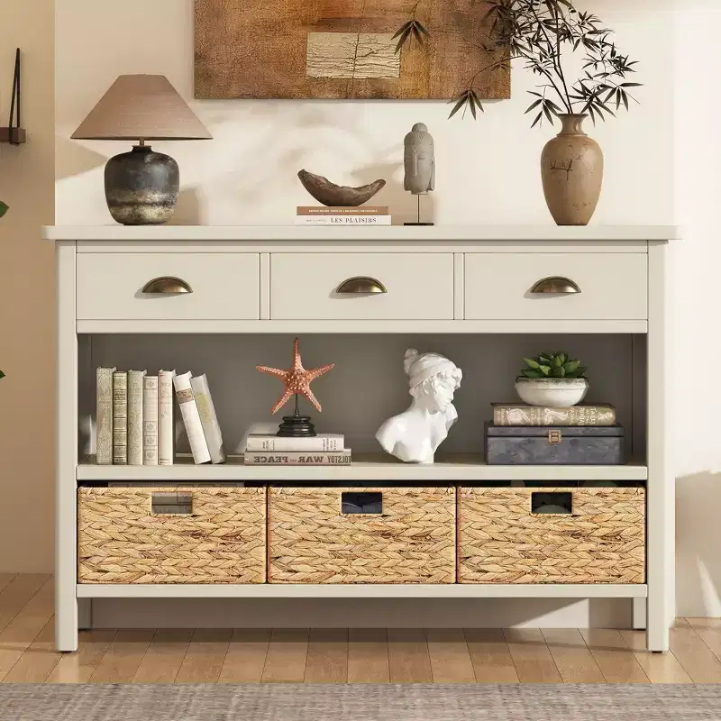 Retro Console Table, Buffet Cabinet with 6 Storage Drawers and 1 Open Shelf, Storage Cabinet for Living Room, Entryway, Hallway