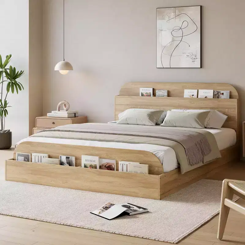 Sturdy Storage Headboard Bed Frame - Wooden Platform, Raised Footboard, Slat Support, No Box Spring Needed, White & Walnut, Bedroom Furniture