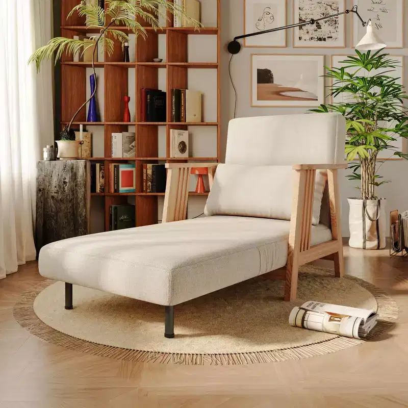 Convertible Fabric Accent Armchair Futon Sleeper Chaise, Solid Wood Frame, Beige
