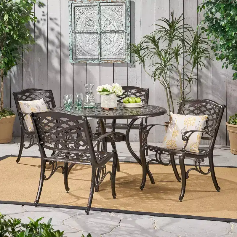 Christopher Knight Home Sarasota 5-Piece Cast Aluminum Outdoor Dining Set with Floral Scroll Design