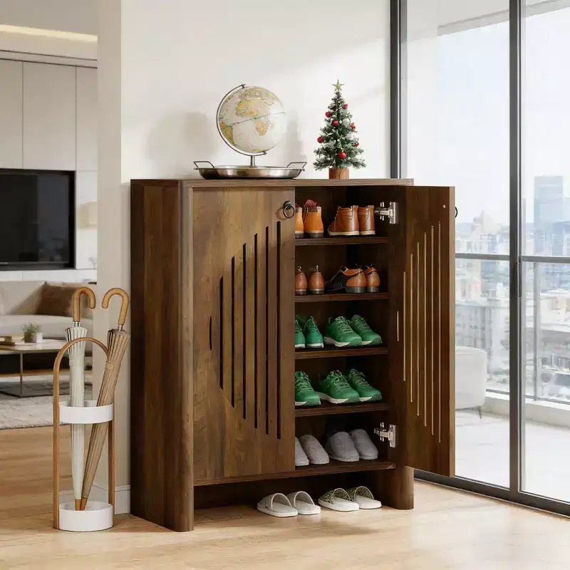 GDFStudio Ruige Modern 32 Wooden Storage Cabinet with 2 Round Louver Doors and Removable Shelves