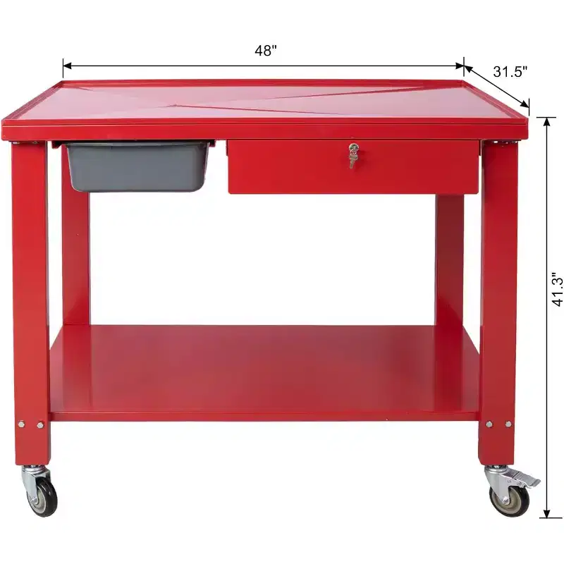 Transmission Dismantling Workstation - 1/2 Ton Capacity Steel Work Bench with Tilt Top, Drain Pan, and Locking Drawers (Red)