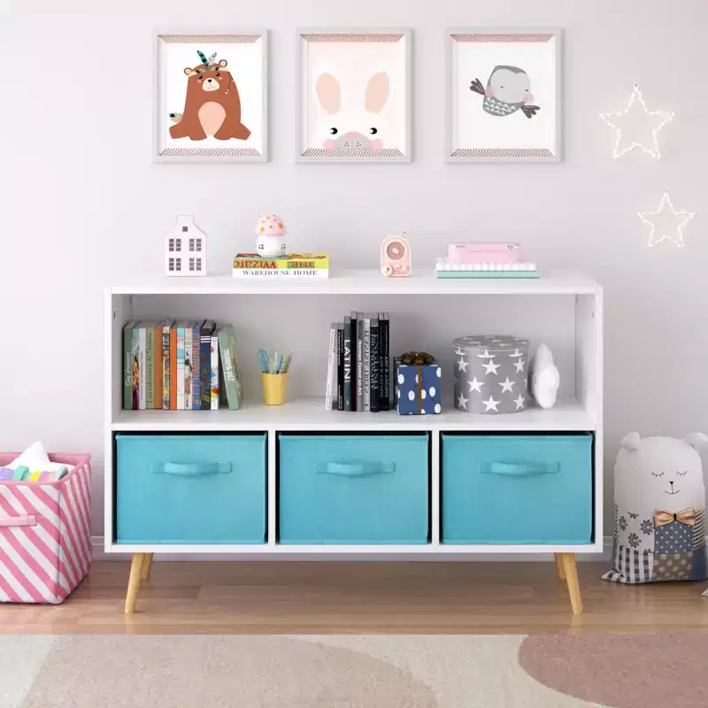 Okak Bedroom Dresser Bookcase with 3 Collapsible Fabric Drawers Ample Toy Storage Cabinet Children's Book Display for Hallway Kids Room
