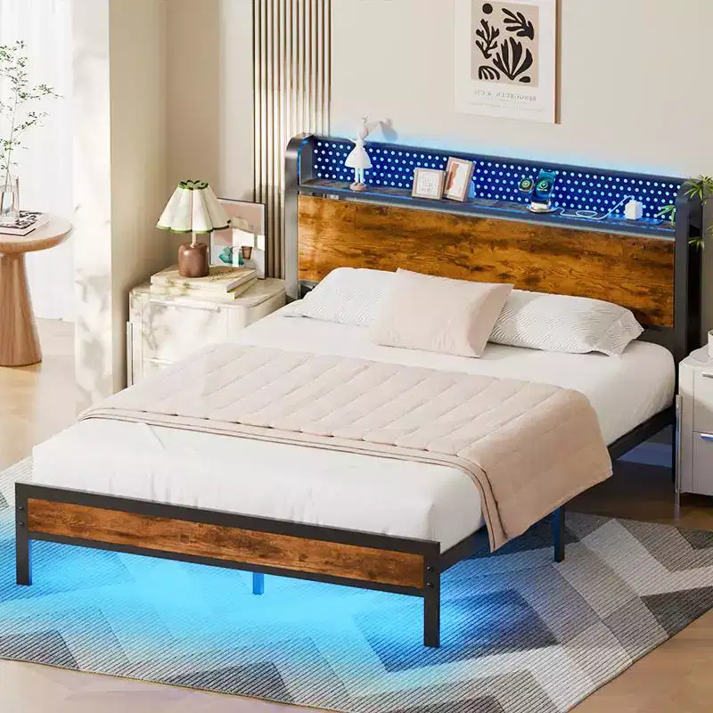 Industrial Queen Bed Frame with Charging Station Rustic Wood Storage Headboard LED Lights Metal Platform Bed USB Ports Heavy Duty Support
