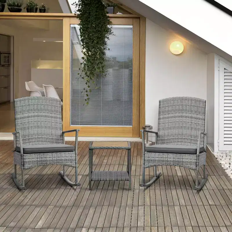 3 Piece Outdoor PE Rattan Rocking Chair Set, Patio Wicker Recliner Rocker Chair with Soft Cushion & Nature Wood Top Coffee Table