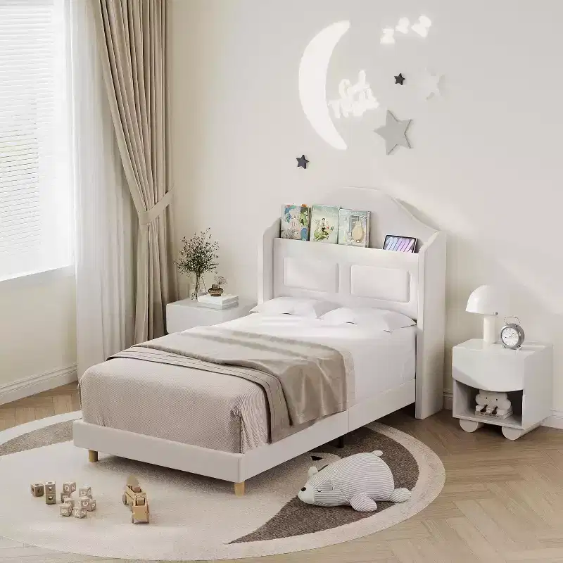 Twin Size Bed Frame with Storage Headboard Wingback Upholstered Headboard and Footboard, Metal Slat Noise Free, Easy Assembly