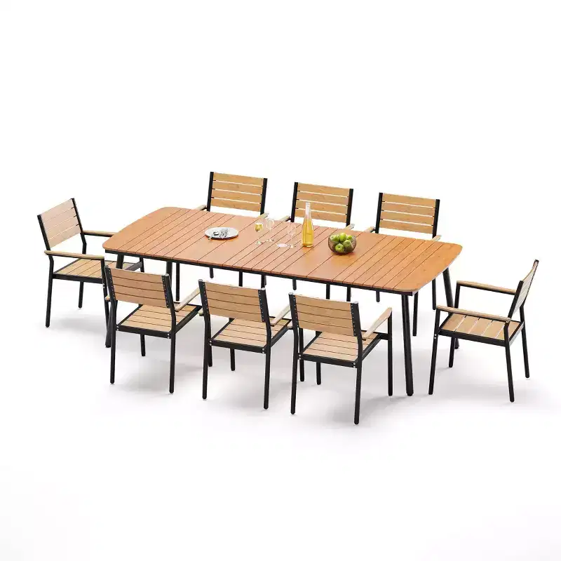Crestlive Products 7pc Outdoor Dining set for 6 People Patio Rectangle Table Aluminum Frame with Wood-Like Tabletop and Umbrella Hole