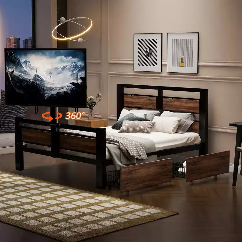 Twin Size Metal Platform Bed Frame with MDF Headboard & Footboard, 2 Storage Drawers & Rotatable TV Stand, Industrial, Black - ModernLuxe