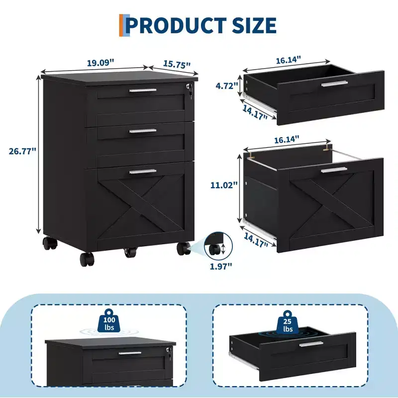 Acekool 3 Drawer File Cabinet with Lock, Mobile Under Desk Filing Cabinet, Wood Storage Organizer