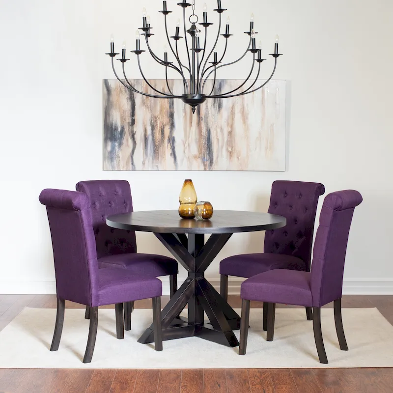 Modern Style 5-Piece Dining Set with Cross Base Round Table and 4 Button Tufted Linen Upholstered Chairs