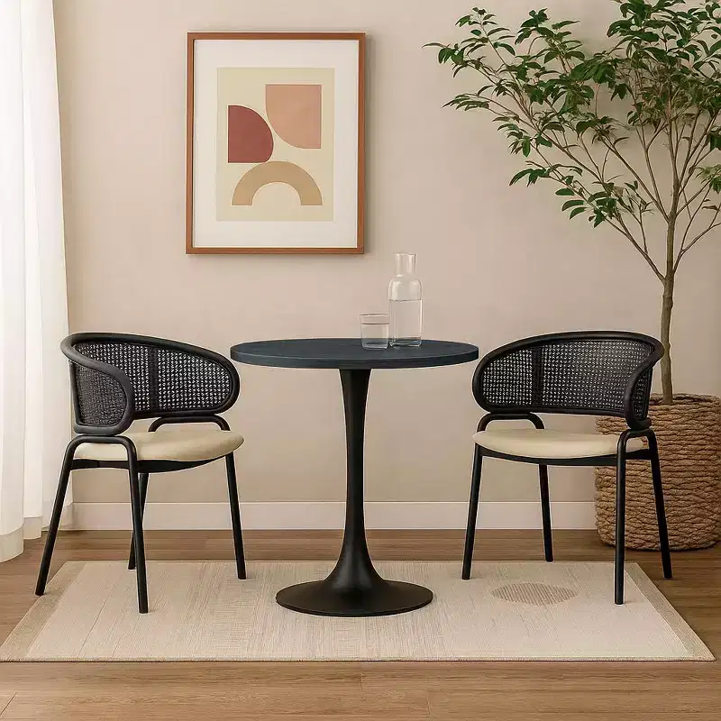 LeisureMod Bristol Mid-Century Modern 36 Round Dining Table  MDF Top with Black Iron Pedestal Base, Accent Table for Kitchen, Dining Room, or Cafe