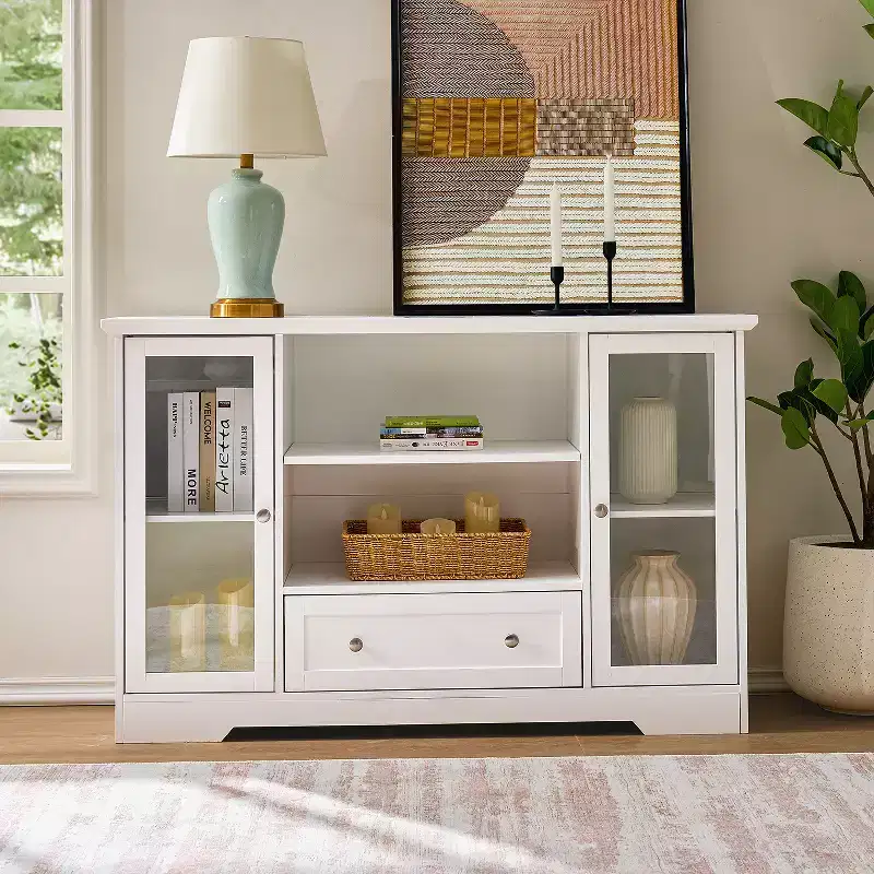 GDFStudio Pearson Modern 51 Wood and Glass Sideboard with Drawer and Adjustable Shelves
