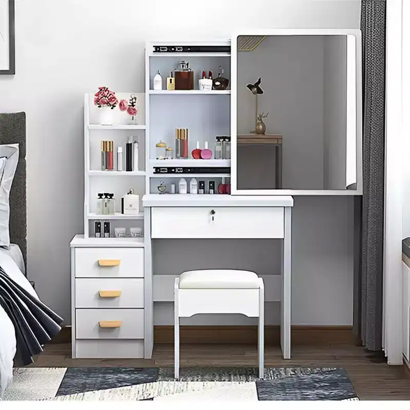 34.8W Vanity Table with 4 Drawers and Chair, Vanity Mirror with 3-Colors LED Light for Makeup, White 4W - ModernLuxe