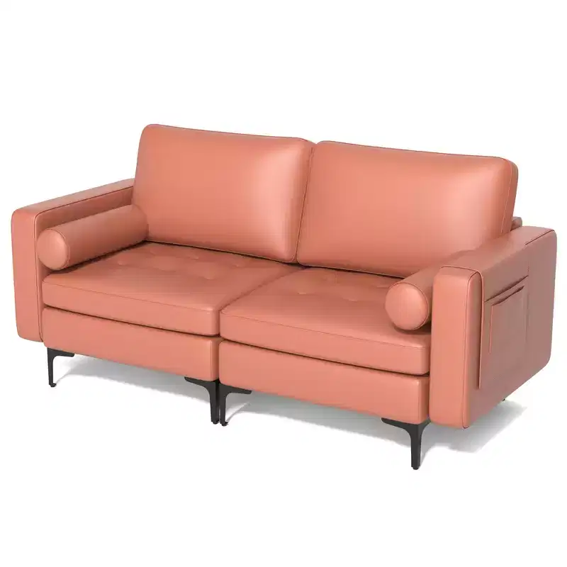 Costway Modern Loveseat 2-Seat Sofa Couch with 2 Bolsters Side Storage Pocket Grey/Red