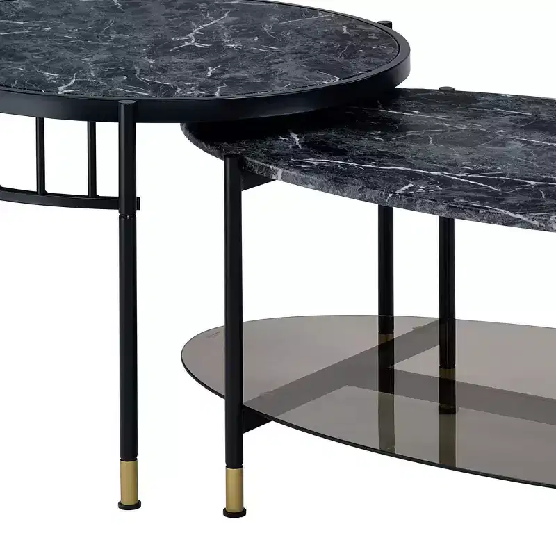Acme Furniture 40" Silas Accent Table Set with Shelf: Faux Marble, Round, Metal Base