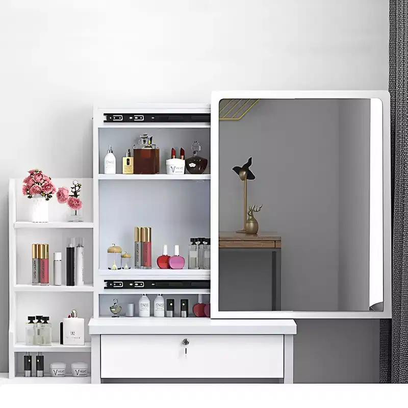 Furniliving Vanity Desk with Mirror & Makeup Stool, Table Set with 3 Color Lighting Brightness Adjustable, 4 Drawers