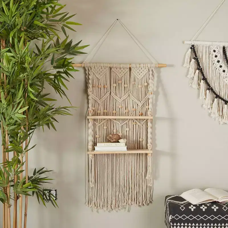 Olivia & May 49"X25" Cotton Fabric Macrame Handmade 2 Shelves Wall Shelf White