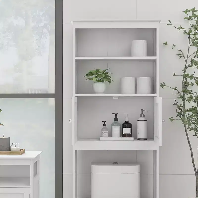 70 Over The Toilet Storage Cabinet, 2 Tier Bathroom Space Saver Storage Shelf, Bathroom Organizer with Open Shelves and Double Door