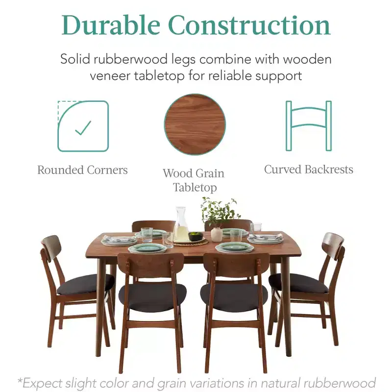Best Choice Products 7-Piece Mid-Century Modern Upholstered Dining Set, Wooden Table w/ 6 Chairs
