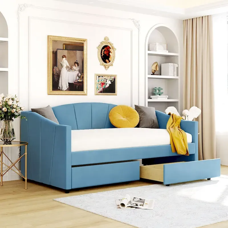 Twin Velvet Daybed with Storage Drawers – Beige / Blue / Gray, 2-Person Assembly