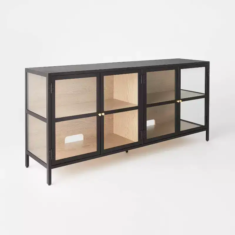 Glass TV Stand for TVs up to 59 in., Metal Frame with Wood Interior and Glass Doors