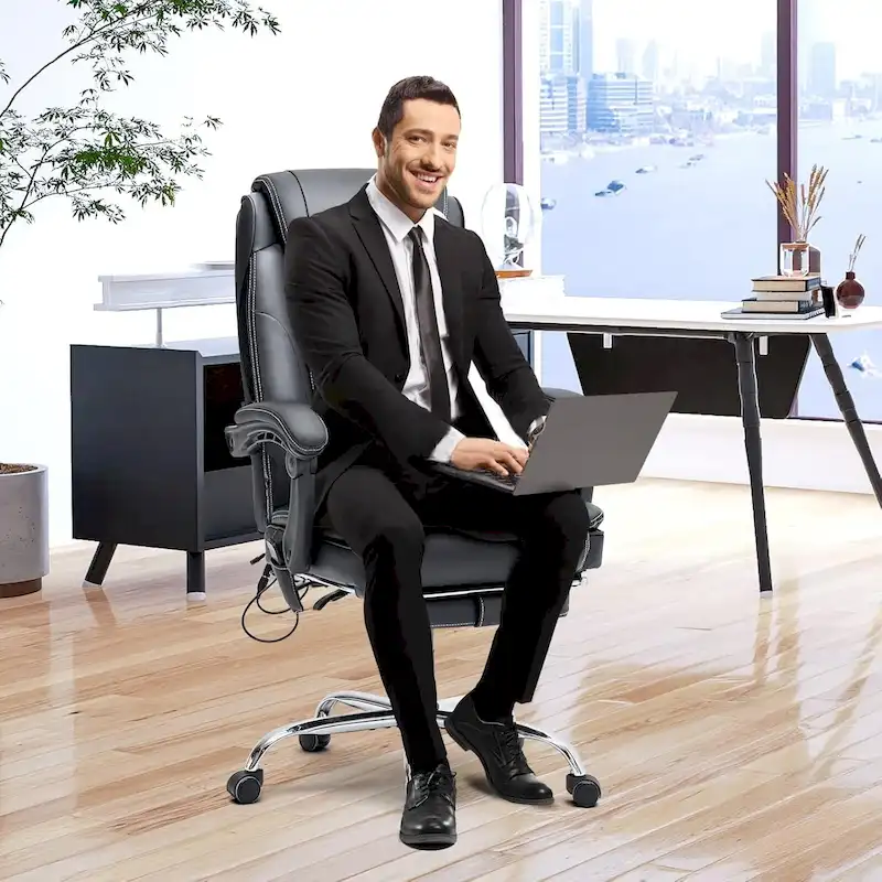 Ergonomic Heated Executive Office Chair, 2/4/6-Point Massage, Retractable Footrest, PU Leather
