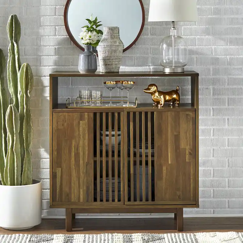 Slatted Pecan Finished Mid-century Sideboard