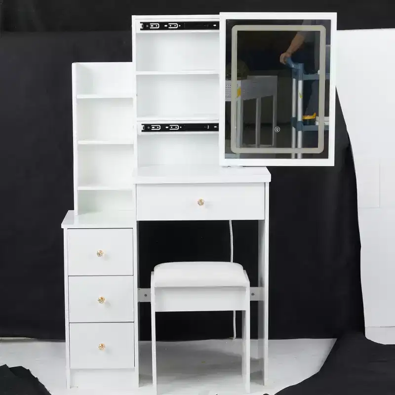 Okak Vanity Table and Chair Set, 29.2 Small Left Bedside Cabinet Vanity Table with Extra Large Touch Control Sliding LED Mirror, White