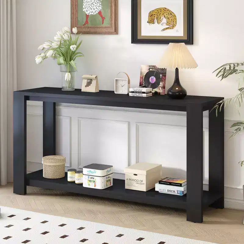 Wood Console Table with Bottom Shelf, Contemporary Minimalism Entryway Entrance Table for Hallway Living Room, 59.8'' Black, Black