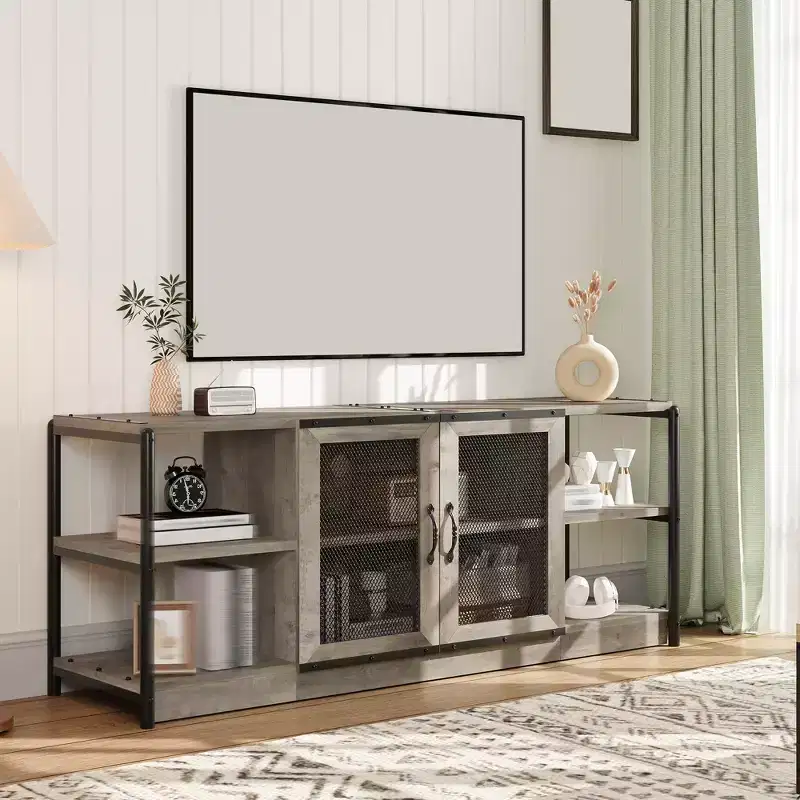 Modern TV Stand for TVs Up to 75, Entertainment Center with Mesh Doors & 4 Open Shelves, Wooden Media TV Console Table, 63 Inch Grey
