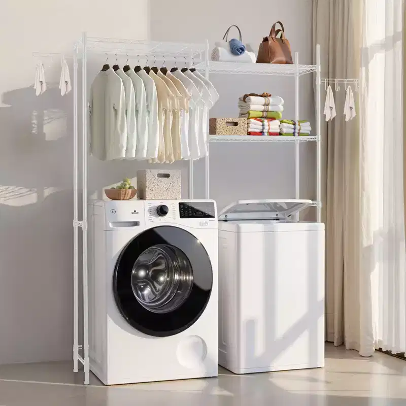 VEVOR Over Washer and Dryer Storage Shelves, 5 Tiers Laundry Room Drying Rack with Hanger Rod and Hooks, Two Rows Adjustable Washer Shelves, White