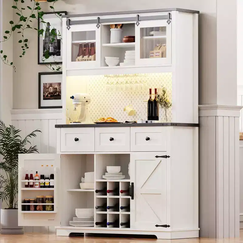 71in Farmhosue Pantry Bar Cabinet with Storage Rack, Rustic Kitchen Coffee Cabinet with Hutch, Sliding Door, Power Outlet, Pegboard, 3 Drawers, White