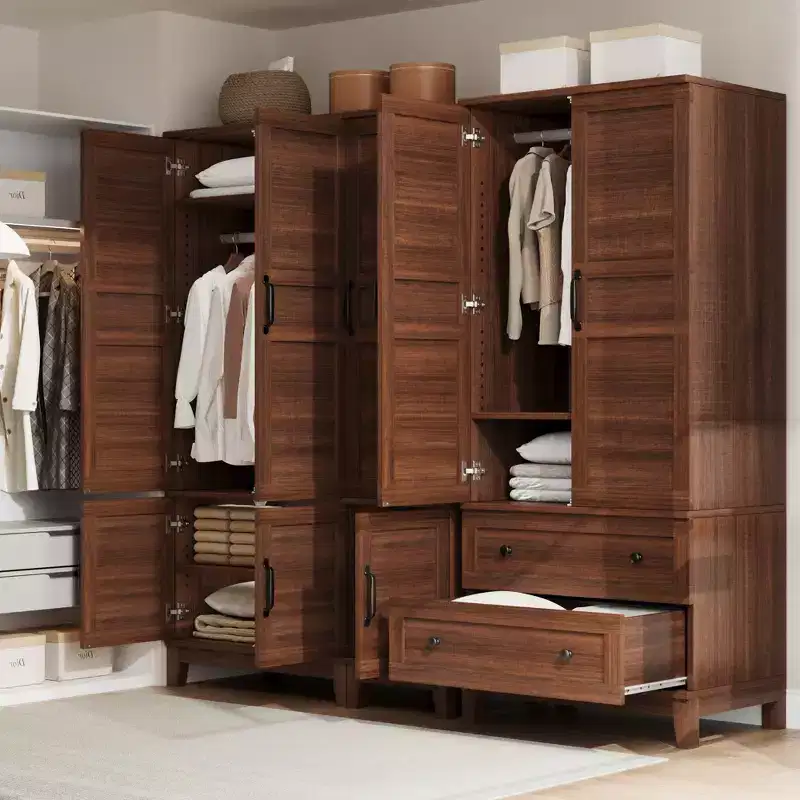 Armoire Wardrobe Closet with 2 Drawers,72 Wooden Tall Clothing Wardrobe Cabinet with Hanging Rod, Armoire with Doors Adjustable Shelves for Bedroom