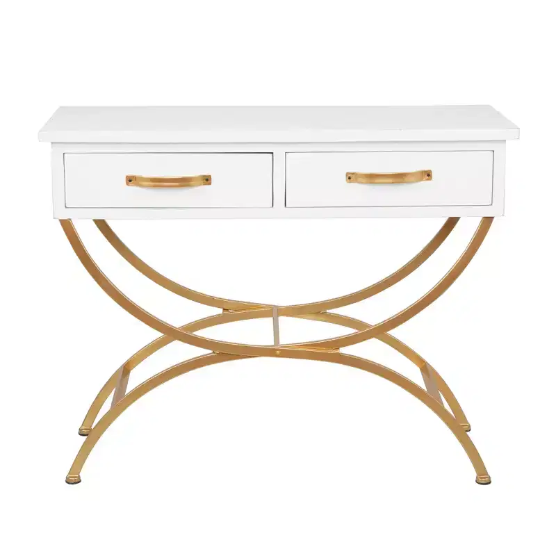 Contemporary Pine Console Table White - Olivia & May: Gold Frame, 2 Drawers, Sturdy Build, No Assembly Required