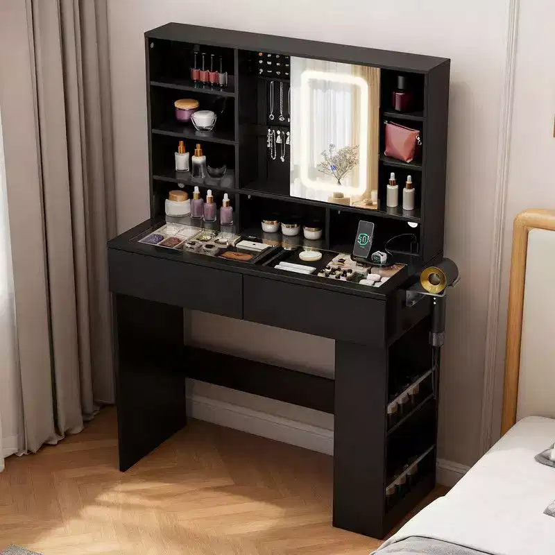 White 2-drawer 3-compartment Left-right 3-tier Shelf, Glass Tabletop, Side Panel Storage Style Dressing Table