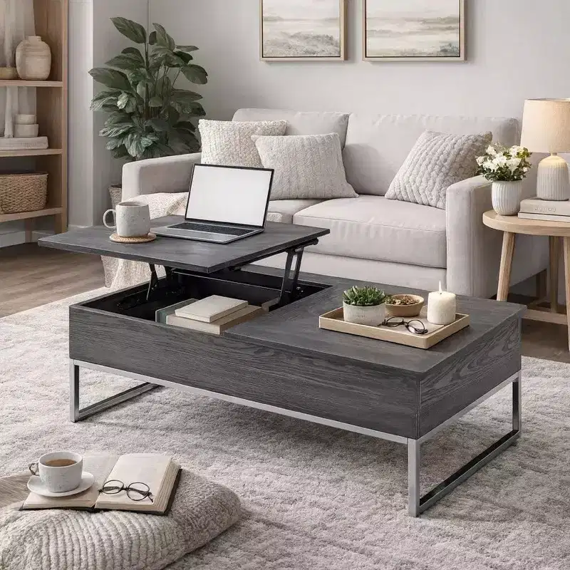 Hampton Style Wooden Coffee Table with Two Lift Tops and Metal Sled Leg Support, Gray and Silver
