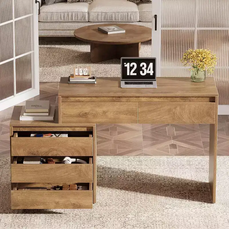 Computer Desk with 5 Drawers, Wood Executive Desk with File Cabinet and Printer Stand for Home Office, Small Spaces
