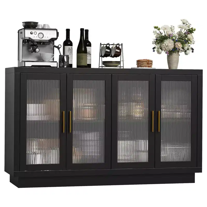 4 Fluted Glass DoorsLarge Wood Cabinet with Modern Storage Cabinet for Living Room, Dinning Room,
