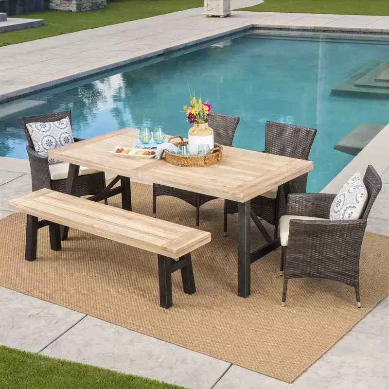 Jacks 6pc Acacia Wood & Wicker Patio Dining Set - Brown - Christopher Knight Home: Bench, Weather-Resistant, Galvanized Steel