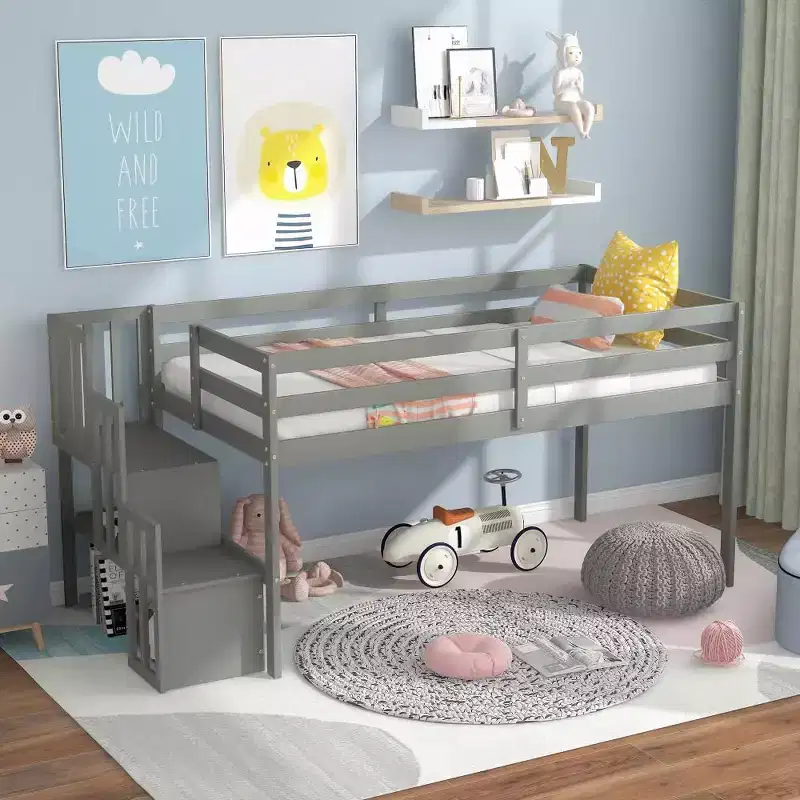 Twin Size Loft Bed, Pine Wood Twin Loft Bed Frame with Staircase, Storage Space, Slide, Full-Length Safety Guardrails for Bedroom