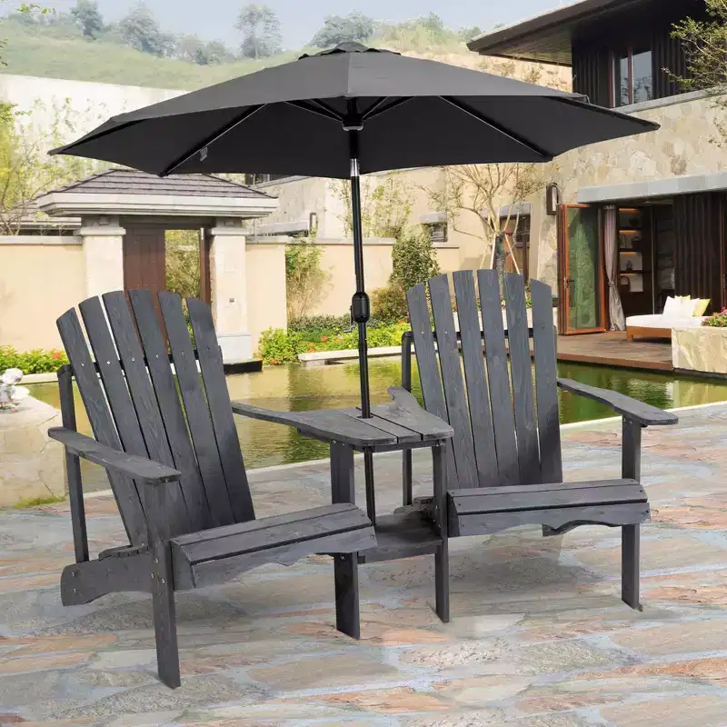 Outsunny Set of 3 Wooden Adirondack Chairs, Outdoor Double Seat with Center Table and Umbrella Hole for Patio, Backyard, Deck, Fire Pit