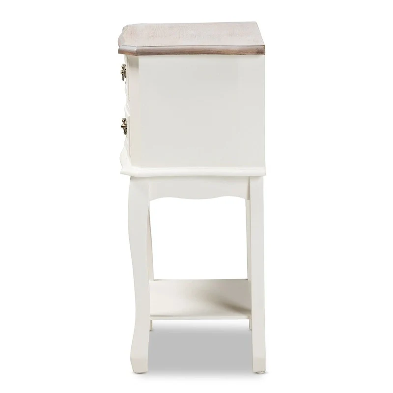 Antique French Country Cottage Two-Tone White and Oak Finished 2-Drawer Wood End Table