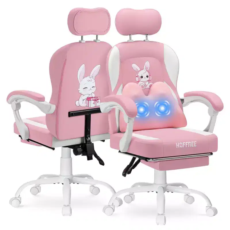Kids Bunny Gaming Chair with Massage Pillow & Footrest, Adjustable & Ergonomic, Cute Kawaii Design for Ages 8-14
